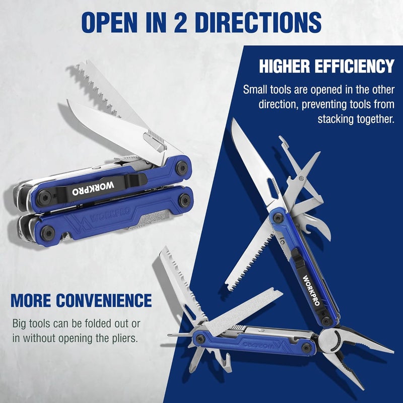 WORKPRO 18-in-1 Multi Tool Pliers, Gifts for Dad, Stainless Steel EDC Multitool with Pocket Knife, 2 Safety Locks, Belt Clip and Oxford Pouch, Multipurpose Utility Multiuse Tool for Outdoor Activities - Image 5